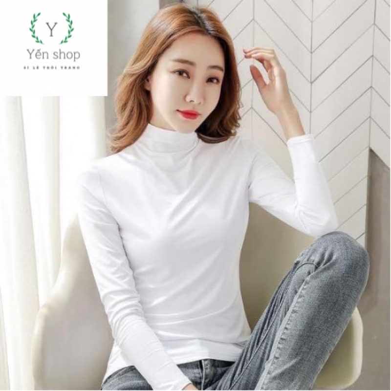 Áo giữ nhiệt nữ dài tay chất cotton sz 40-65kg co giãn lót nỉ cổ cao 3 phân nhiều màu phong cách Hàn Quốc