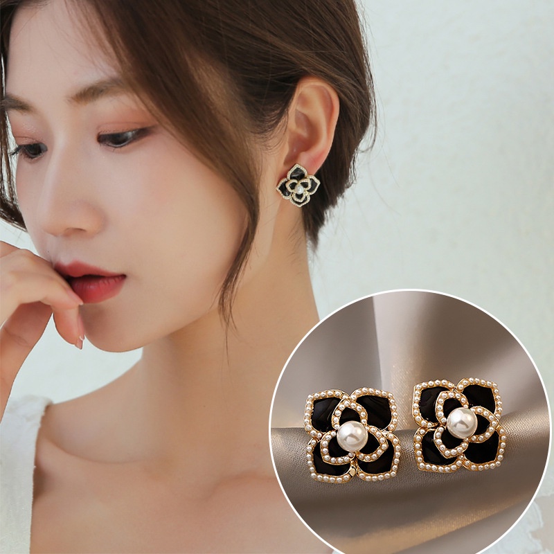 Bông Tai Mạ Bạc 925 Hình Hoa Trà Đính Ngọc Trai Phong Cách Retro