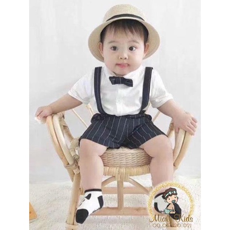 Set yếm đen và áo sơ mi trắng cotton Mialy Kids bảnh bao cho bé trai (6-19 kg) - Vải mềm mịn, thoáng mát