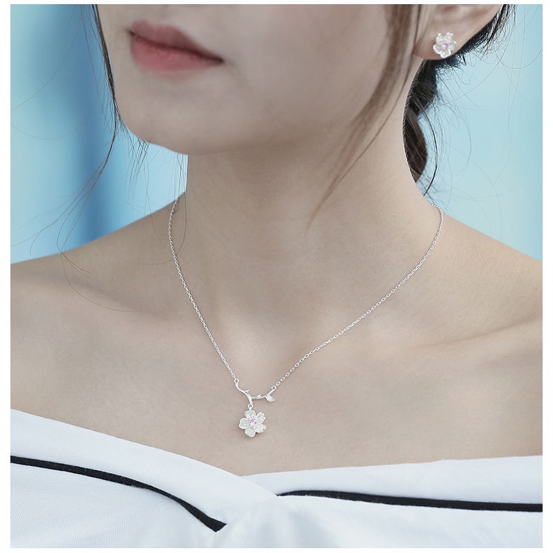 Bộ Dây Chuyền + Bông Tai Hình Hoa Anh Đào Màu Bạc Đính Đá Zircon Thời Trang Cho Nữ