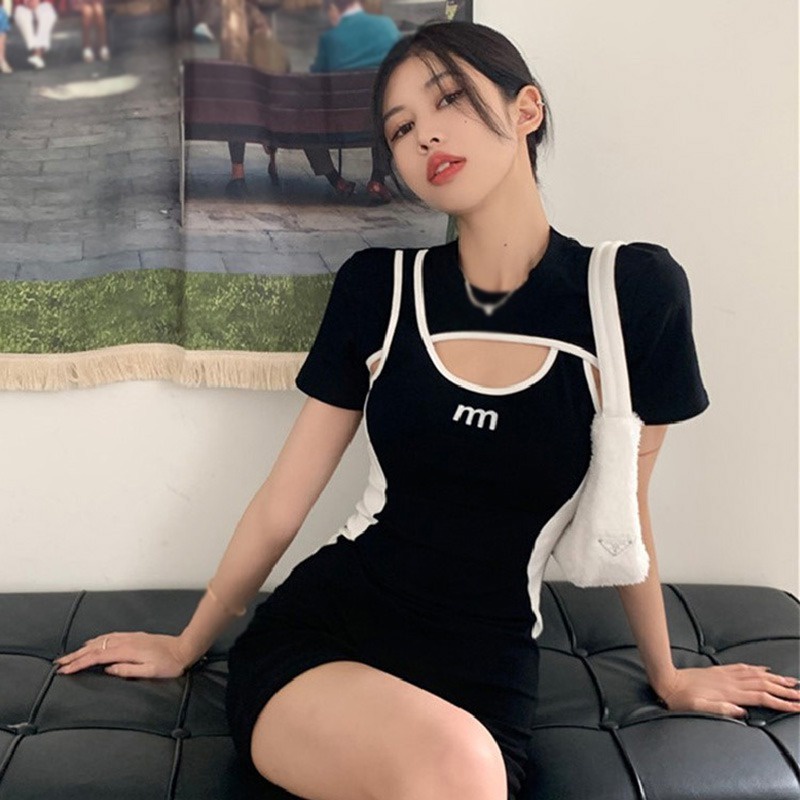 Đầm Tay Ngắn Màu Sắc Tương Phản Thiết Kế Mỏng Quyến Rũ Thời Trang Dành Cho Nữ