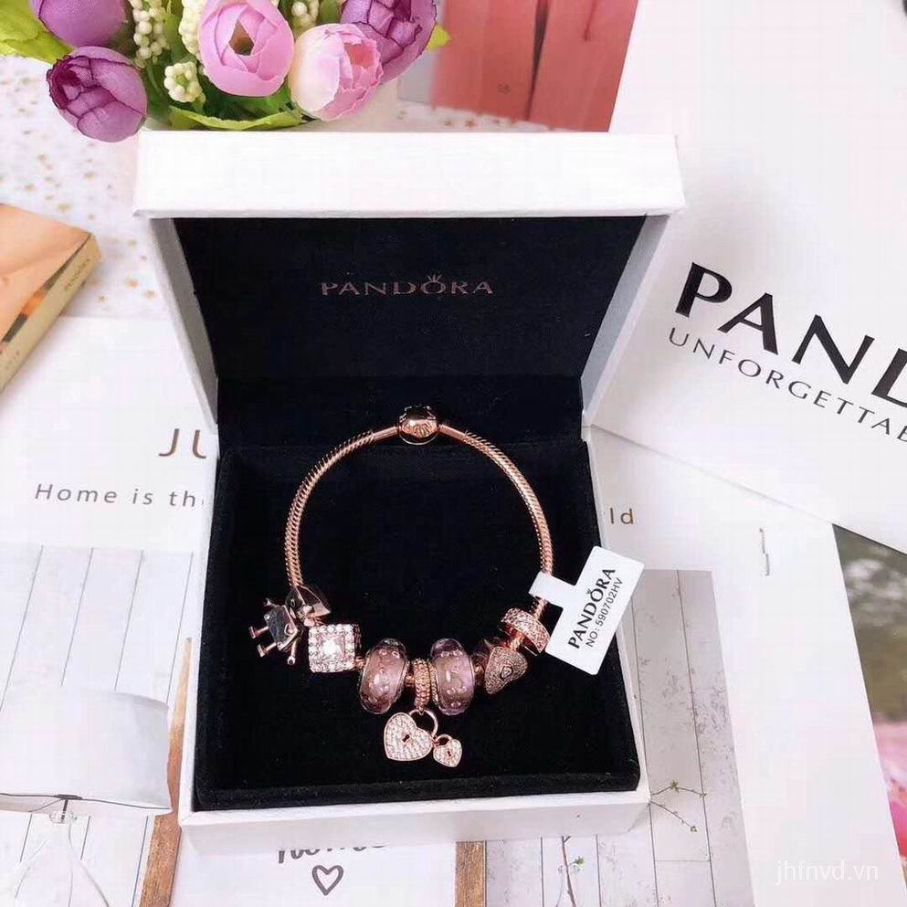 Vòng tay mạ bạc 925 phối màu hồng Pandora phong cách cổ điển kèm hộp phù hợp làm quà tặng cho bạn gái