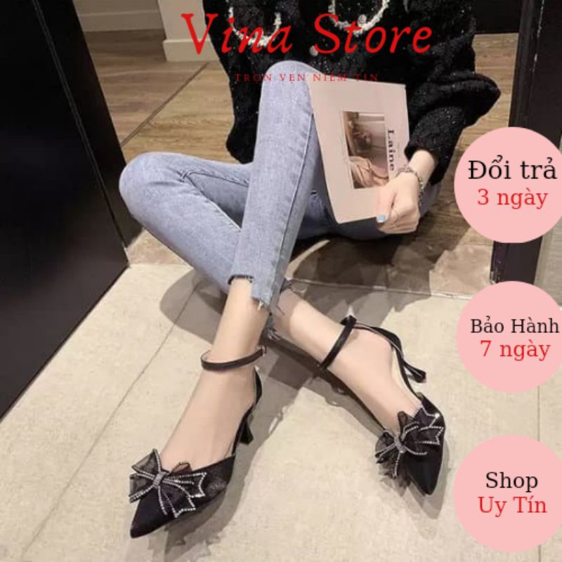 Giày Cao Gót Nữ 7P Bít Mũi Đế Nhọn,Sandal Nữ 7Cm có 2 Màu đen Trắng Quai đính Nơ phong cách tiểu thư hot 2021- mã BAĐ001