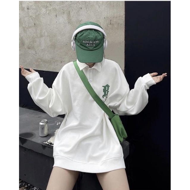 Áo sweater polo dài tay chữ R xanh unisex dưới 80kg Ununisex  - Sweater polo chữ R xanh ununisex