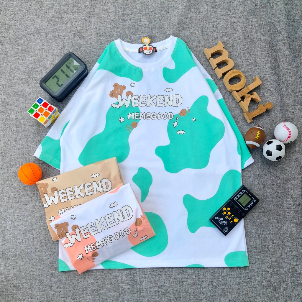 Áo phông áo thun nam nữ tay lỡ from rộng freesize chất cotton thoáng mát i hình gấu weekend in full áo hoạt tiết bò sữa