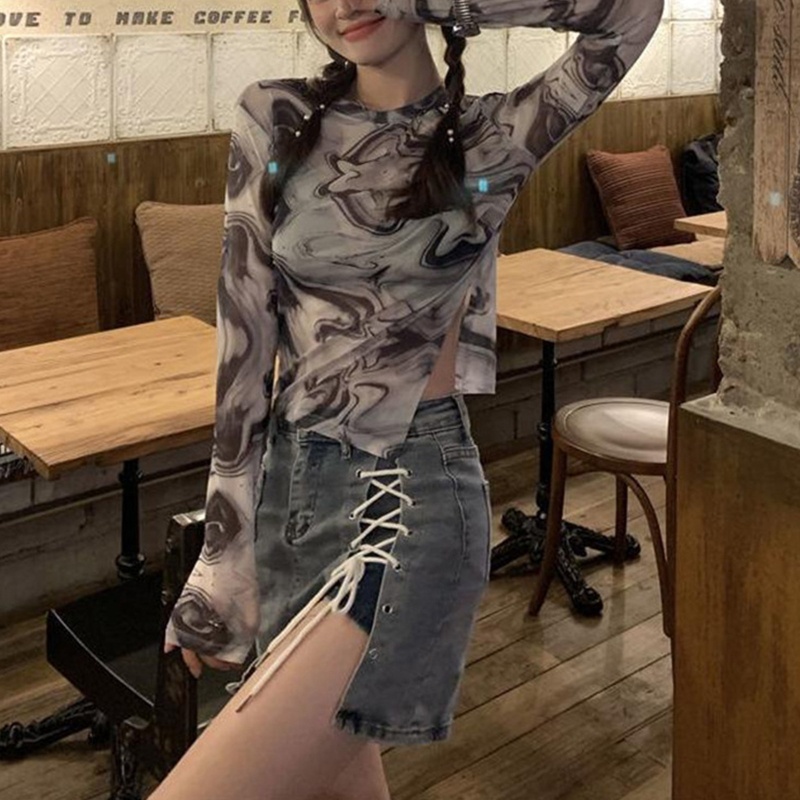 Áo Thun Lưới Tay Dài Xuyên Thấu Thời Trang Quyến Rũ Cho Nữ