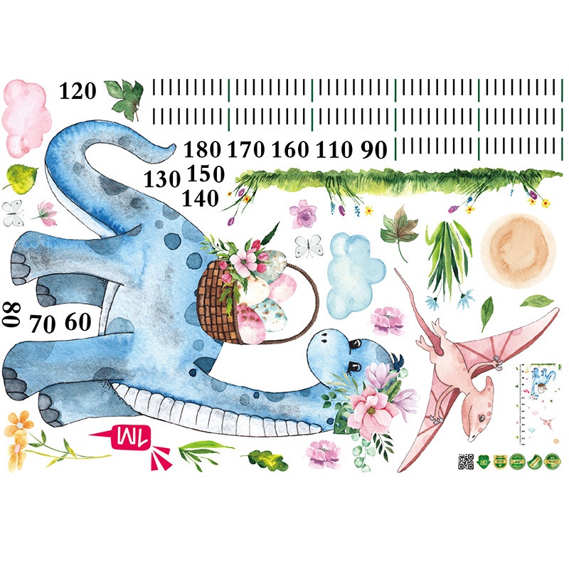 Decal dán tường đo chiều cao hình chú khủng long đáng yêu cho phòng của bé