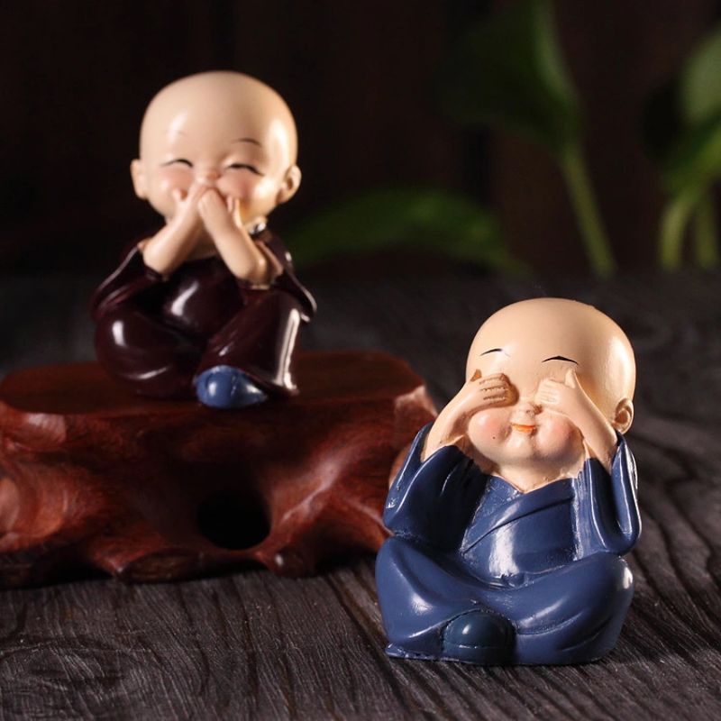 Bộ Tượng Chú Tiểu Hòa Thượng Tứ Không - Phật Phong Thủy Mini 4 Tư Thế, Trang Trí Xe Hơi, Để Bàn Làm Việc