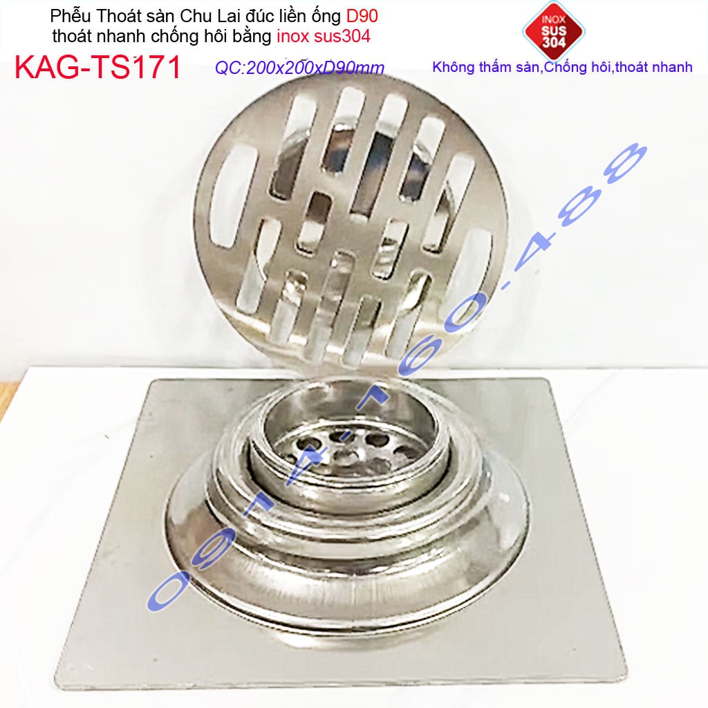 Phễu thoát sàn Chu Lai 20x20cm KAG-TS171-D90, Hố ga thoát sàn ống 9cm SUS304 inox đúc dày thoát nhanh chặn tóc tốt