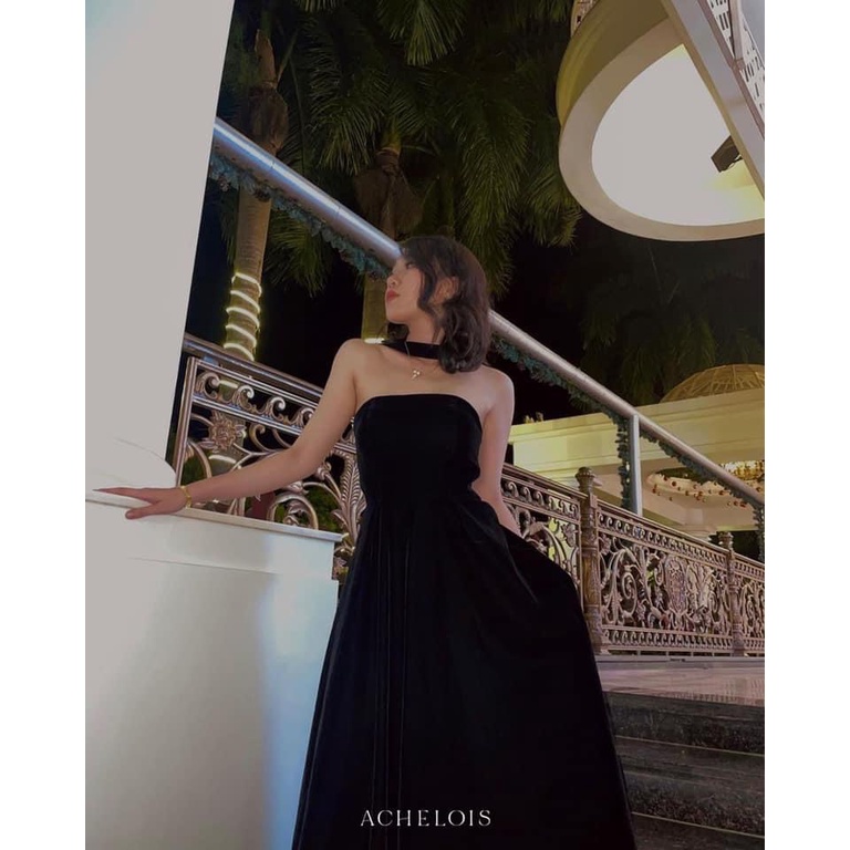 H069-Đầm nhung đi tiệc đính nơ sau lưng