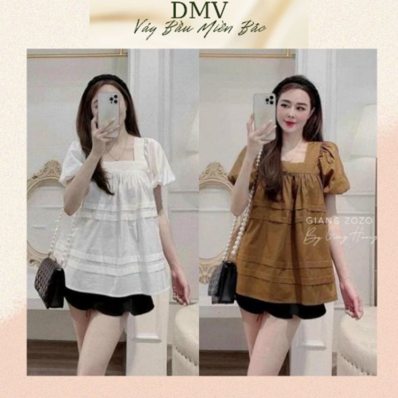 Áo bầu babydoll cổ vuông siêu hot, freesize từ 43-68kg áo bà bầu cao cấp chất đũi siêu mát siêu mềm ko nhăn