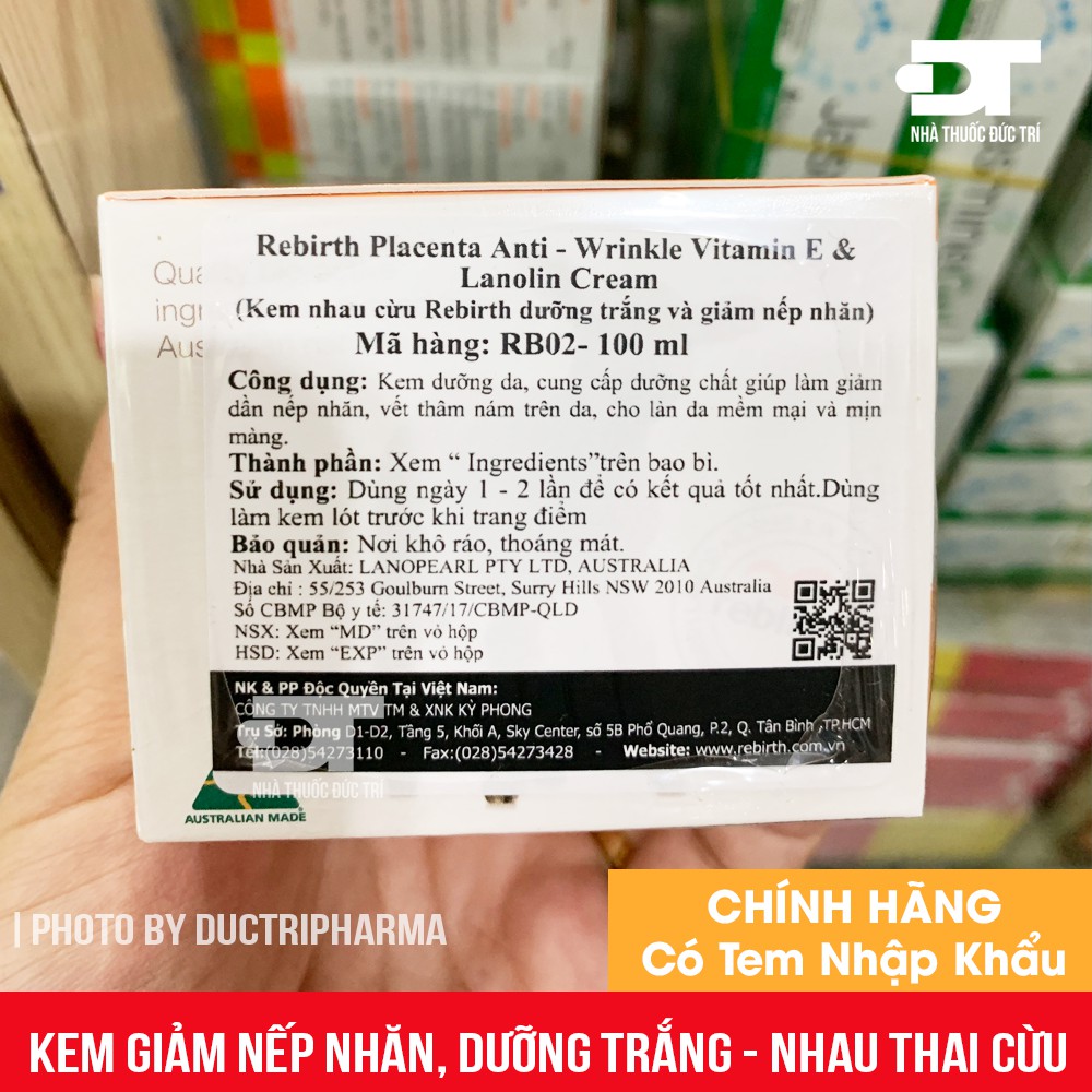 [CHÍNH HÃNG] Kem chống nhăn nhau thai cừu Rebirth Placenta Anti Wrinkle Cream Vitamin E & Lanolin 100g - [CHÍNH HÃNG]