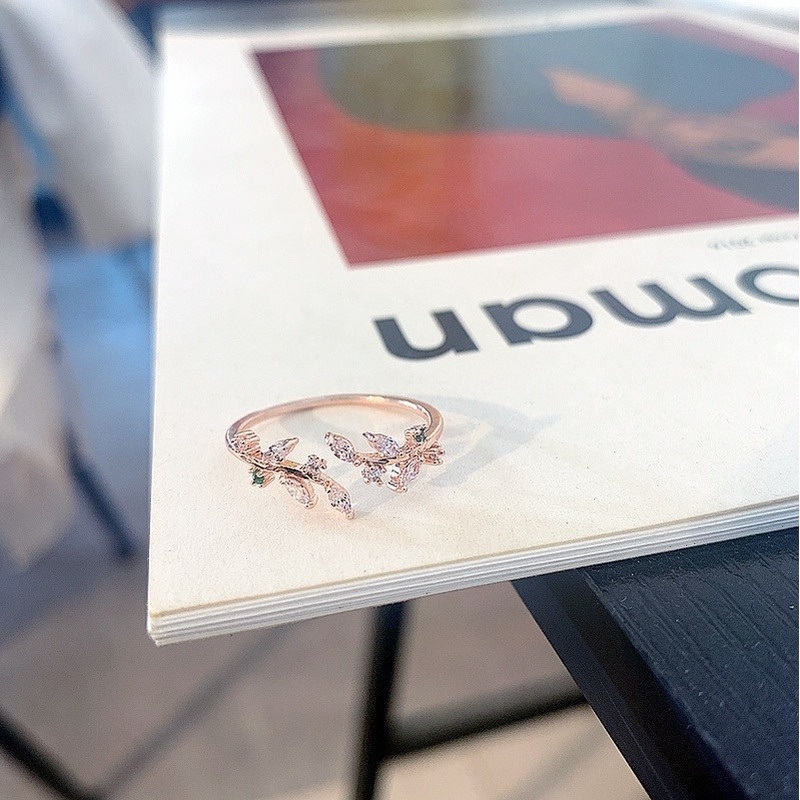 Nhẫn hở đính đá mạ bạc 925 hình chiếc lá thiết kế thời trang Hàn Quốc cho nữ