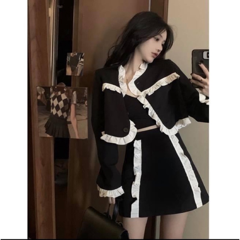 Set bộ áo croptop kiểu nữ tay dài phối bèo kèm chân váy ngắn trơn chữ a tiểu thư cao cấp - Order taobao quảng châu
