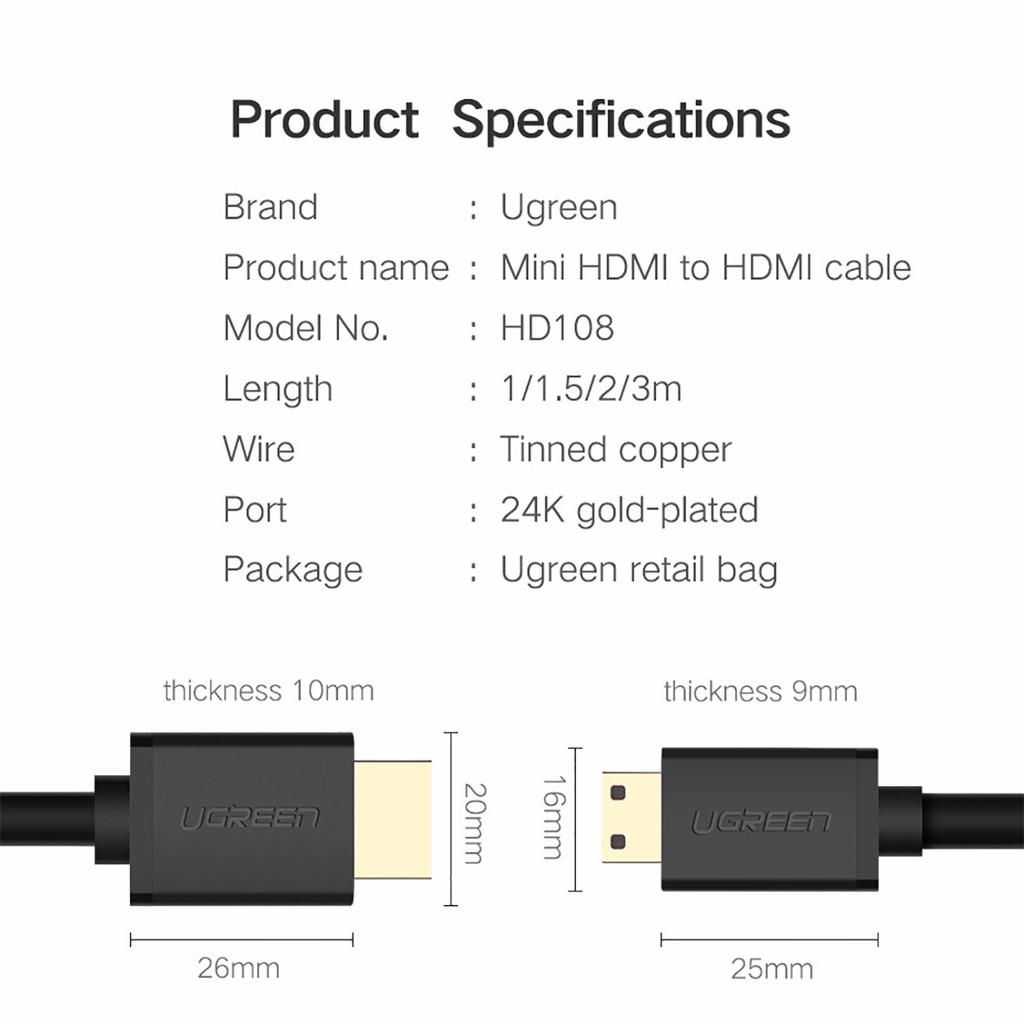 Dây Mini HDMI Sang HDM UGreen HD108 - Chuẩn 2.0 Support 4K*60Hz
