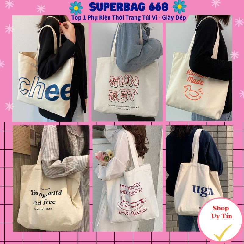 Túi vải bố canvas tote dáng vuông hoạ tiết đơn giản lamminhstore 281