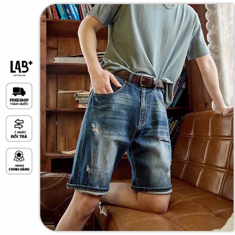 Quần short jean nam LAB+ COTTONLAB quần ngố nam xanh đậm rách cao cấp mã - 2253