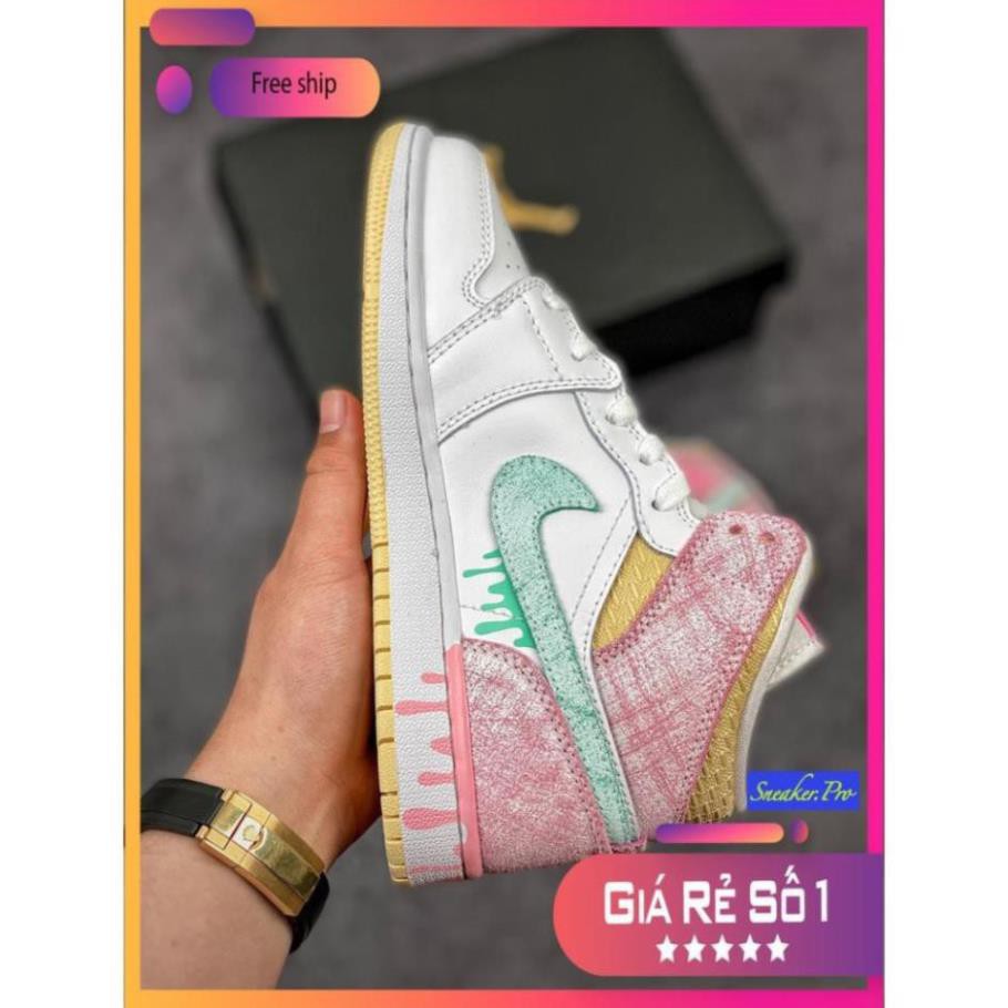 Giày thể thao Air Jordan 1 Mid Paint Drip (GS) vẩy sơn hồng cổ cao siêu xinh, bao ngầu dành cho nữ (FULL BOX + SALE)