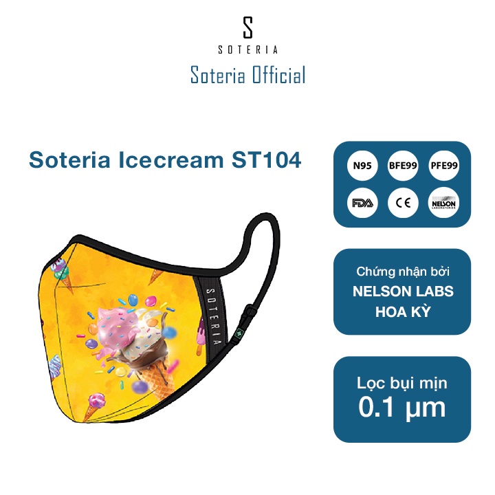 Khẩu trang tiêu chuẩn Quốc Tế SOTERIA Icecream ST104 - Bộ lọc N95 BFE PFE 99 lọc đến 99% bụi mịn 0.1 micro- Size S,M,L