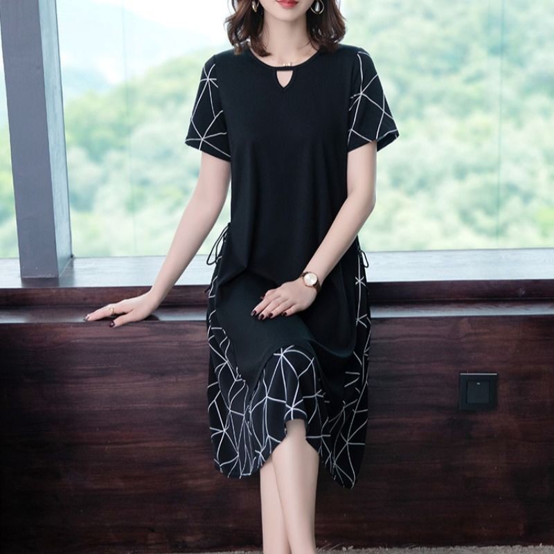 Váy mẹ trung niên mùa hè 2021 new plus size Quần áo phụ nữ và cao tuổi ngắn tay kiểu phương Tây