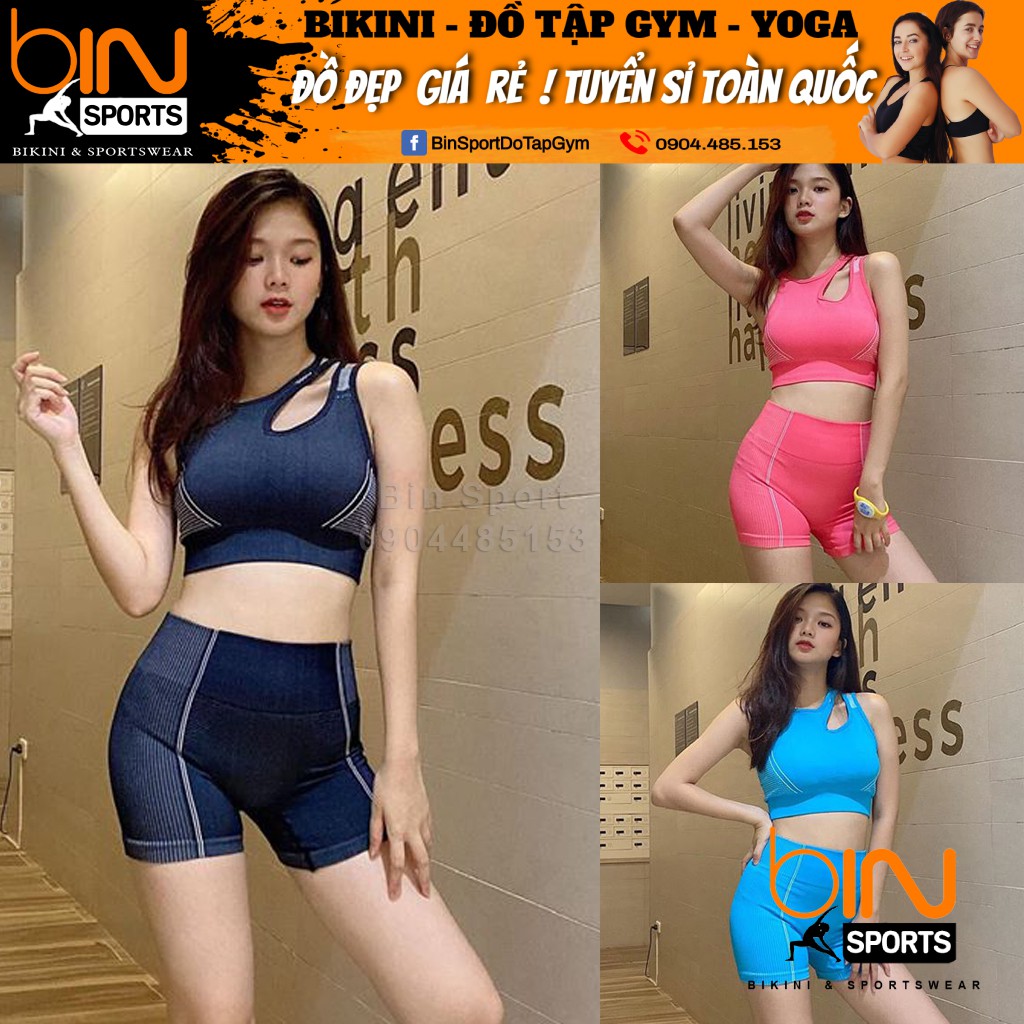 Đồ tập gym nữ, set bộ quần đùi áo bra dệt kim GS quảng châu Bin Sports BN014