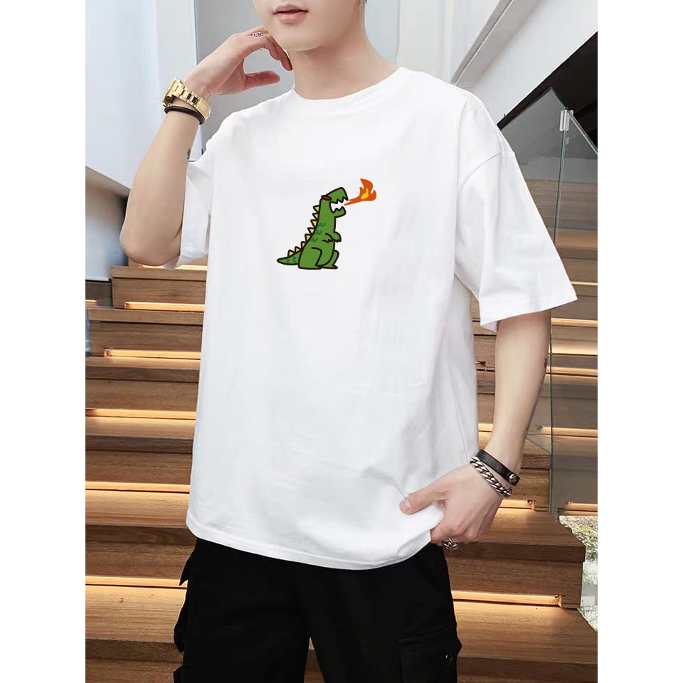 Áo thun tay lỡ trắng basic unisex nam nữ Khủng Long dáng rộng, áo phông nam nữ dáng oversize phong cách Hàn Quốc