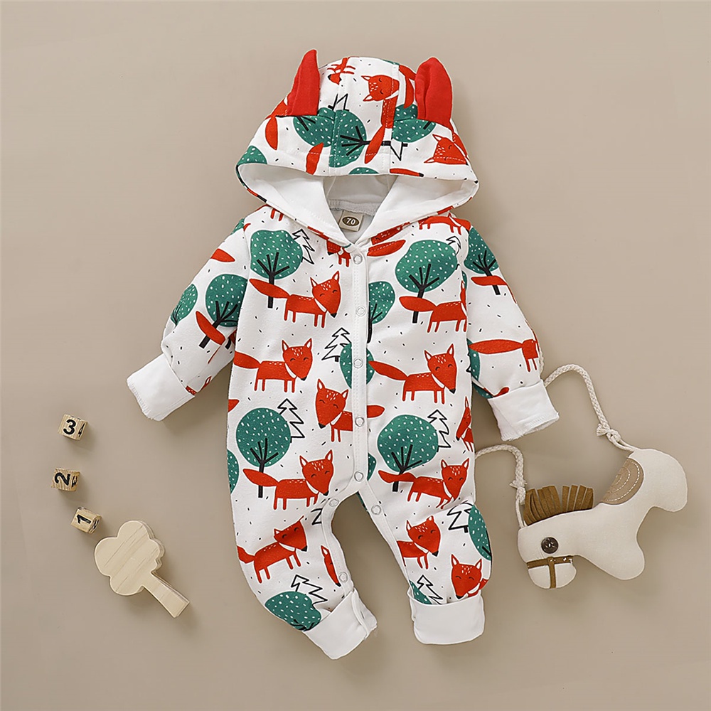 Sơ sinh trẻ mới biết đi bé trai bé gái hoodie bodysuit phim hoạt hình cáo in áo dài tay romper Áo liền quần mùa thu quần áo cho 0-18 tháng