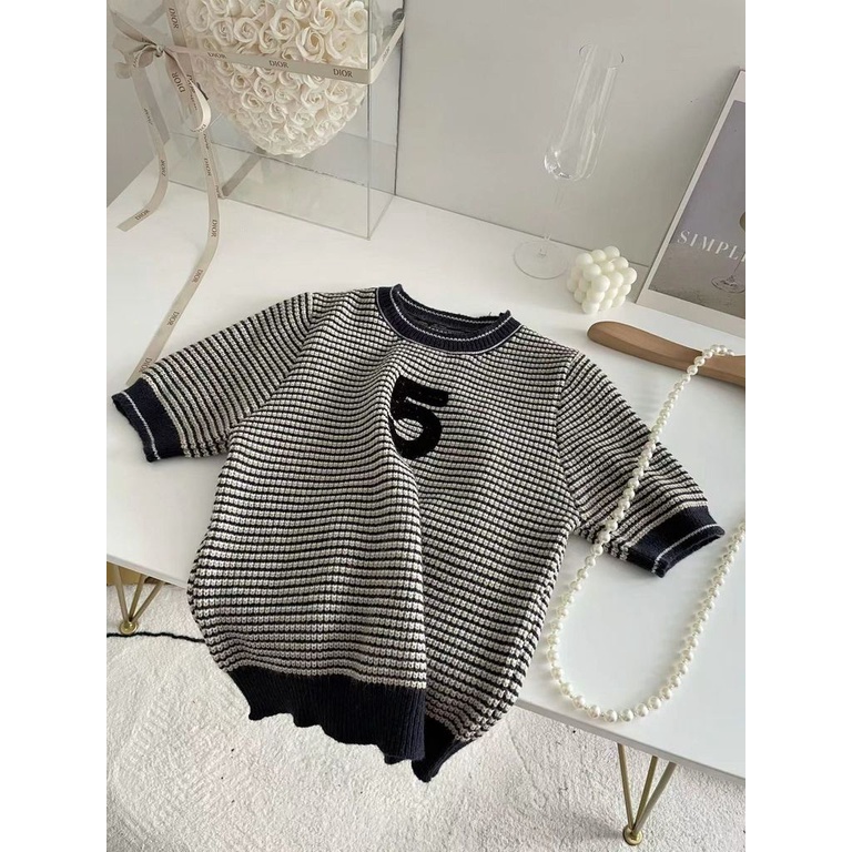 Áo Sweater Tay Ngắn Họa Tiết Kẻ Sọc Thiết Kế Mới Thời Trang Mùa Xuân Hè Cho Nữ