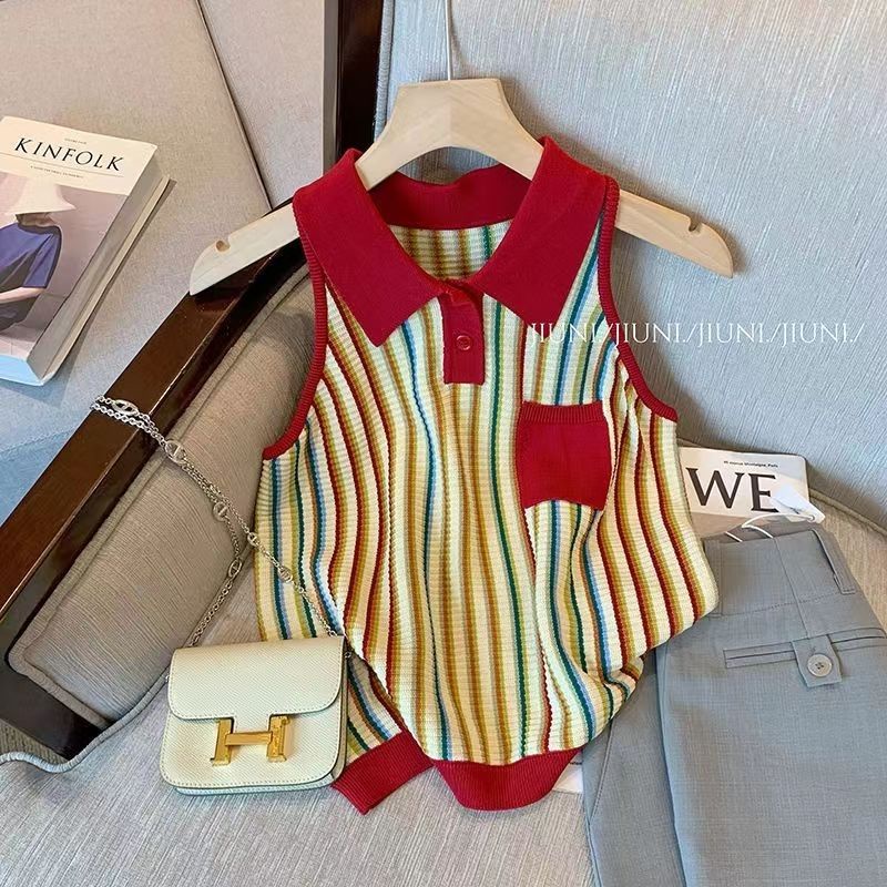 Áo Len Không Tay Cổ polo Họa Tiết Kẻ Sọc Nhiều Màu Sắc Phong Cách Retro Mới Dành Cho Nữ  tao bao