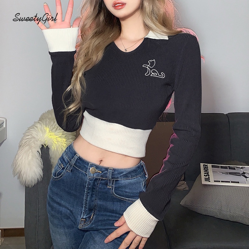 Áo Thun Tay Dài Dáng Ôm Màu Sắc Tương Phản 2022 Thời Trang Cho Nữ