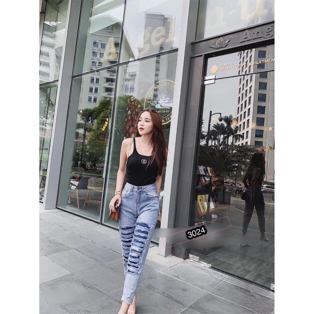 Quần Jeans Nữ Phối Rách Cao Cấp OHS3024