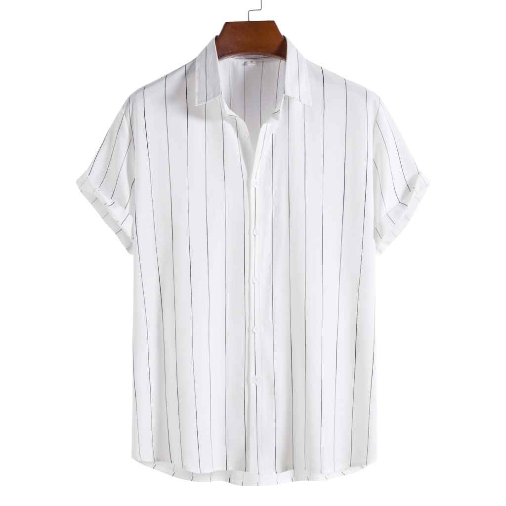 Áo Sơ Mi Tay Ngắn Dáng Rộng Họa Tiết Kẻ Sọc Màu Trắng / Đen Đơn Giản Thời Trang Mùa Hè Cho Nam