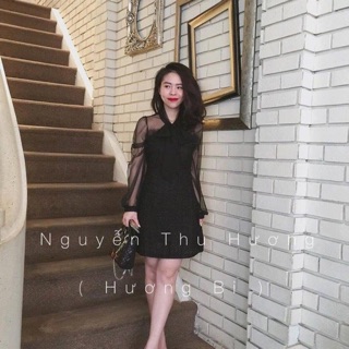 Đầm bố phối tay lưới nơ ở cổ