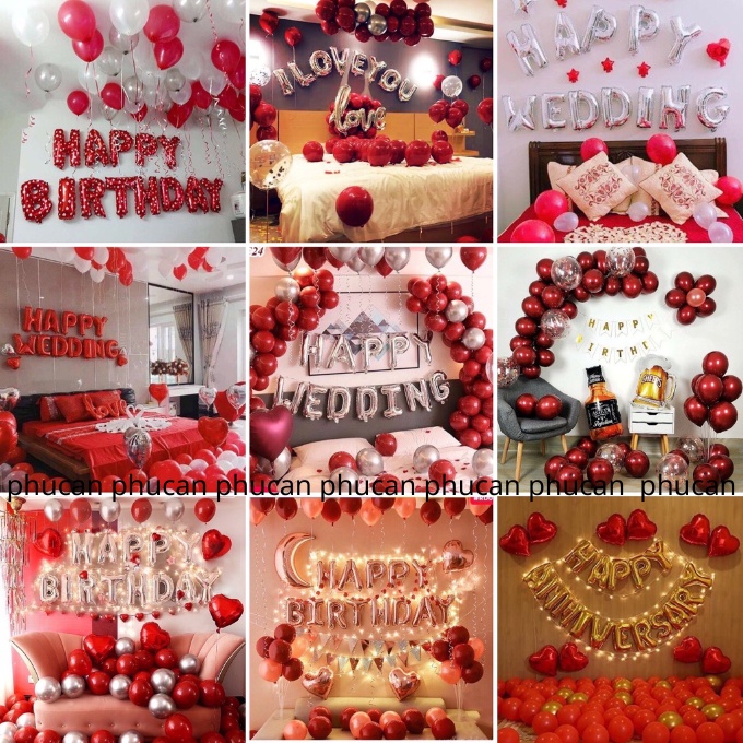 [Ảnh thật] Set trang trí sinh nhật. happy birthday tone màu đỏ cam lãng mạn TẶNG KÈM bơm bóng, keo dán tùy combo