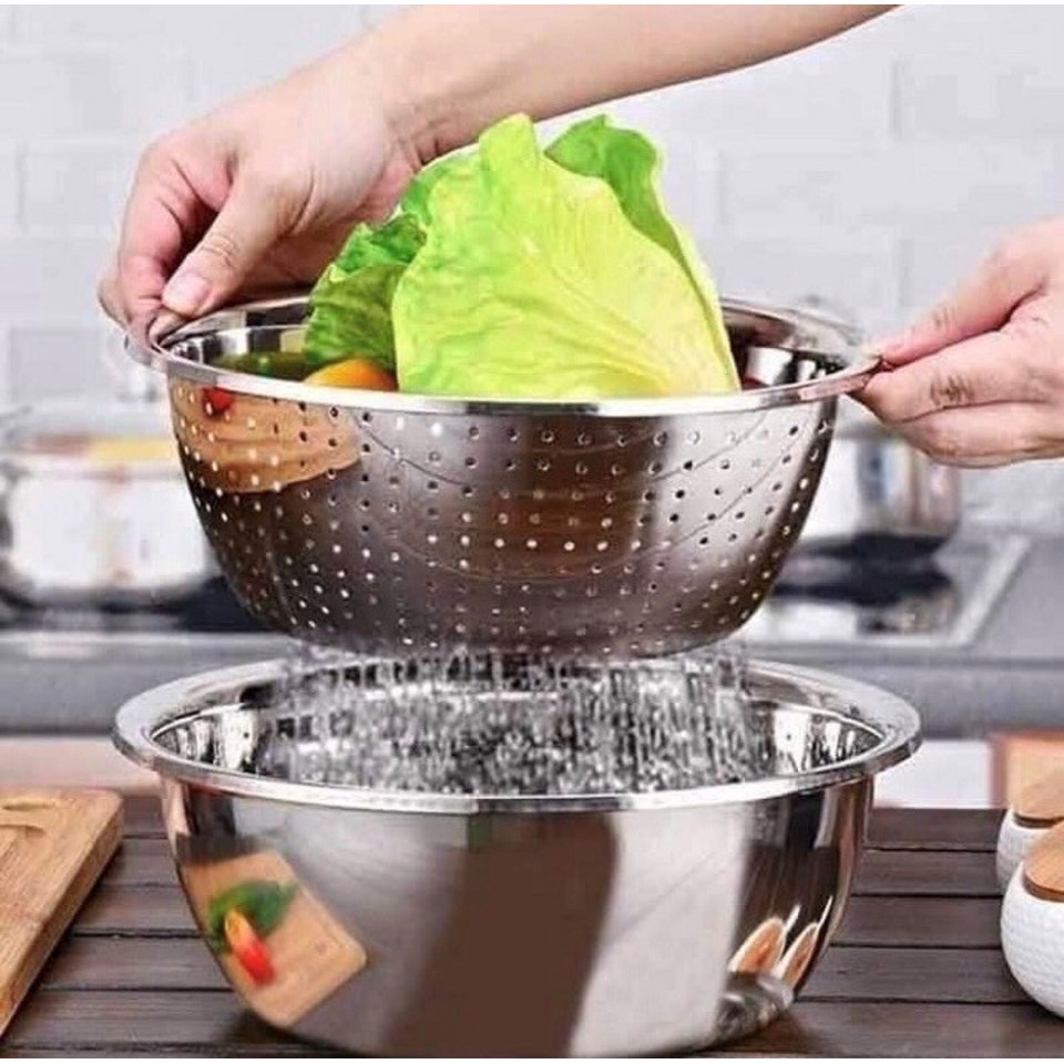 [ HOT HIT ] Sét bộ rổ inox 5 món chi tiết gồm 4 chậu kèm 1 rổ inox siêu đẹp, tiện dụng