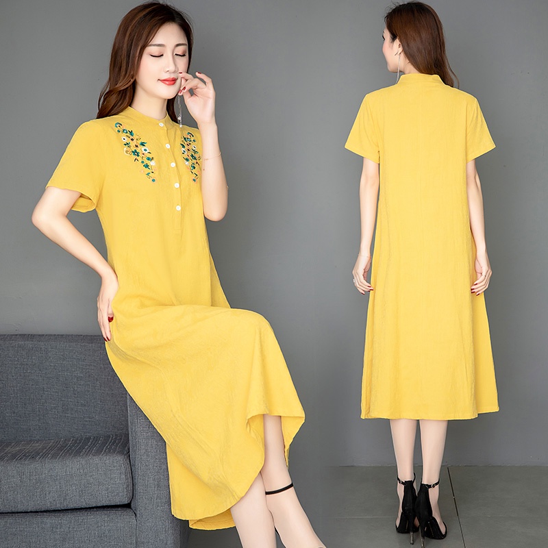 Đầm linen thiết kế cổ V, Váy linen ngắn tay rút eo hoạ tiết cánh hoa trước ngực xinh