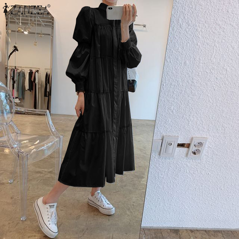  ZANZEA Đầm Nữ Dài Tay Cổ Bẻ Xếp Ly Thời Trang | BigBuy360 - bigbuy360.vn