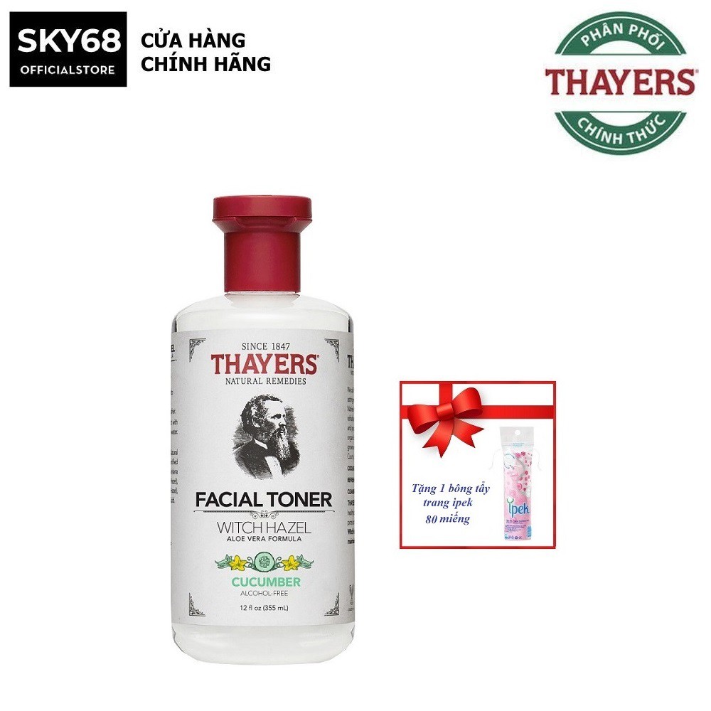 Nước hoa hồng Se Khít Lỗ Chân Lông không cồn Thayers Witch Hazel Cucumber 355ml + Tặng 1 bông tẩy trang Ipek 80 miếng