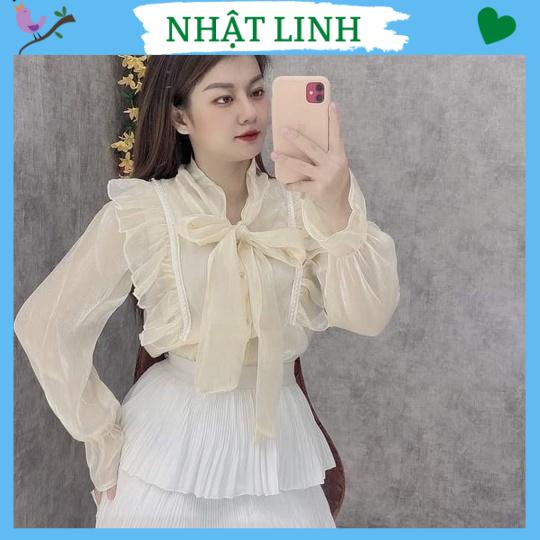 Áo sơ mi nữ NHẬT LINH áo sơ mi dài tay phối cúc ngọc nơ to chất voan 2 lớp phối ren - A583