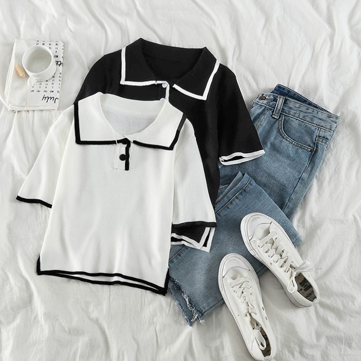 Áo Thun Tay Ngắn Cổ Polo Dáng Ôm Màu Đen Trắng Phong Cách Hàn Quốc | BigBuy360 - bigbuy360.vn