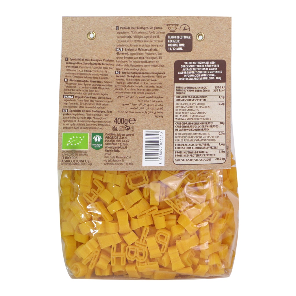 Nui rau củ hữu cơ cho bé hình chữ cái Probios 400g/Organic Corn Pasta Alfabeto Gluten Free - Date:11/2023 - Nhà Hữu Cơ