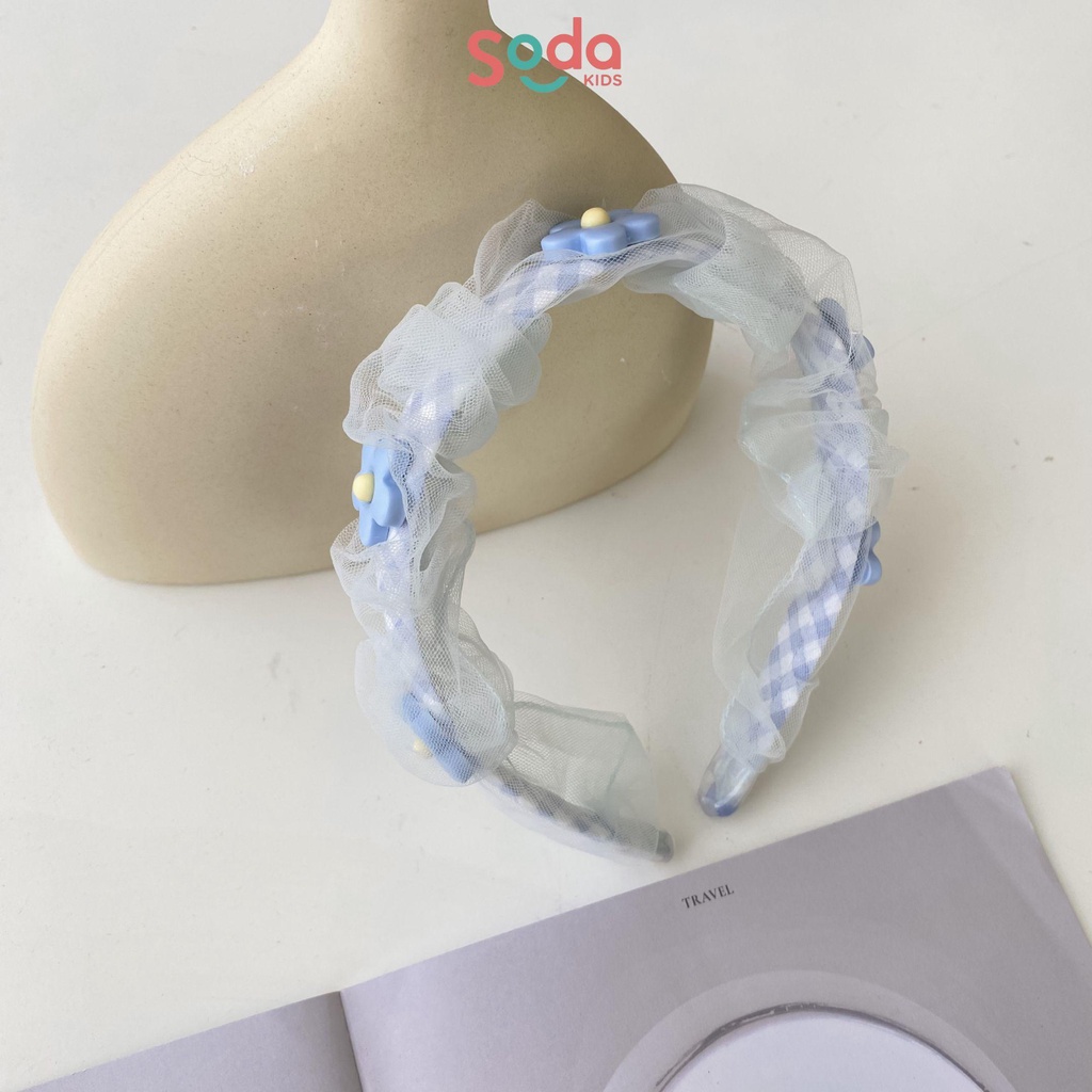 Bờm tóc bé gái SODA KIDS họa tiết caro phối voan đính hoa xinh xắn, phong cách tiểu thư