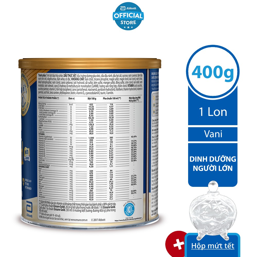 [Tặng 1 hộp mứt] Sữa bột Ensure Gold Vani 400g