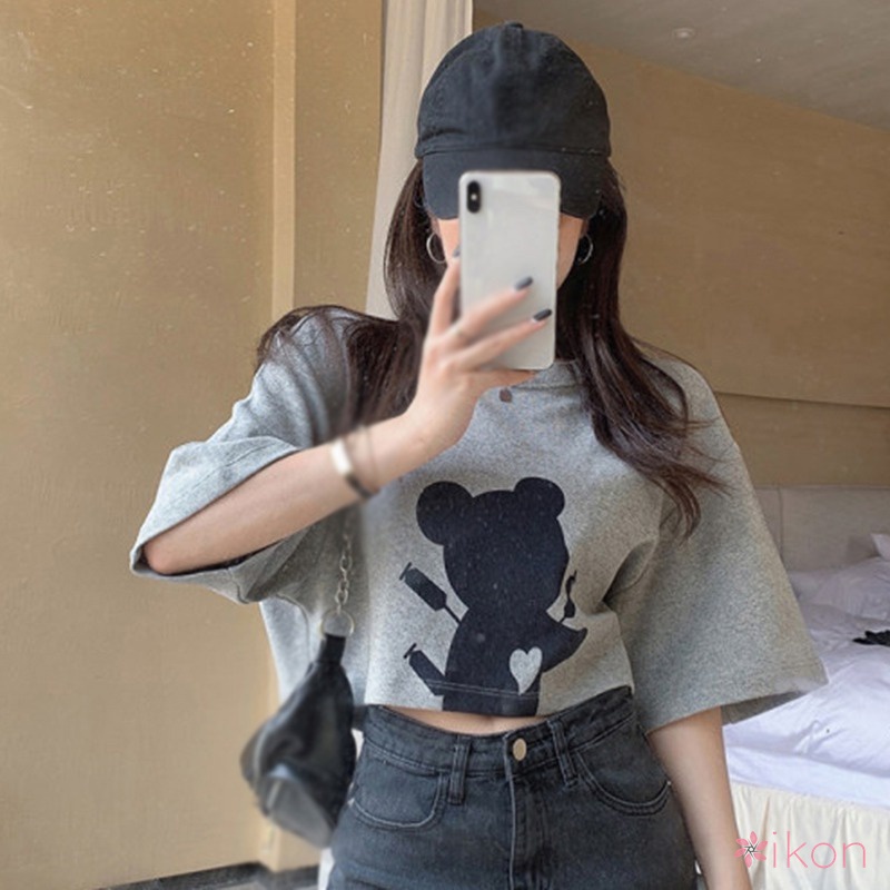 Áo Thun Ngắn Tay Dáng Rộng Lưng Cao In Họa Tiết Gấu Xinh Xắn Kiểu Hàn Quốc