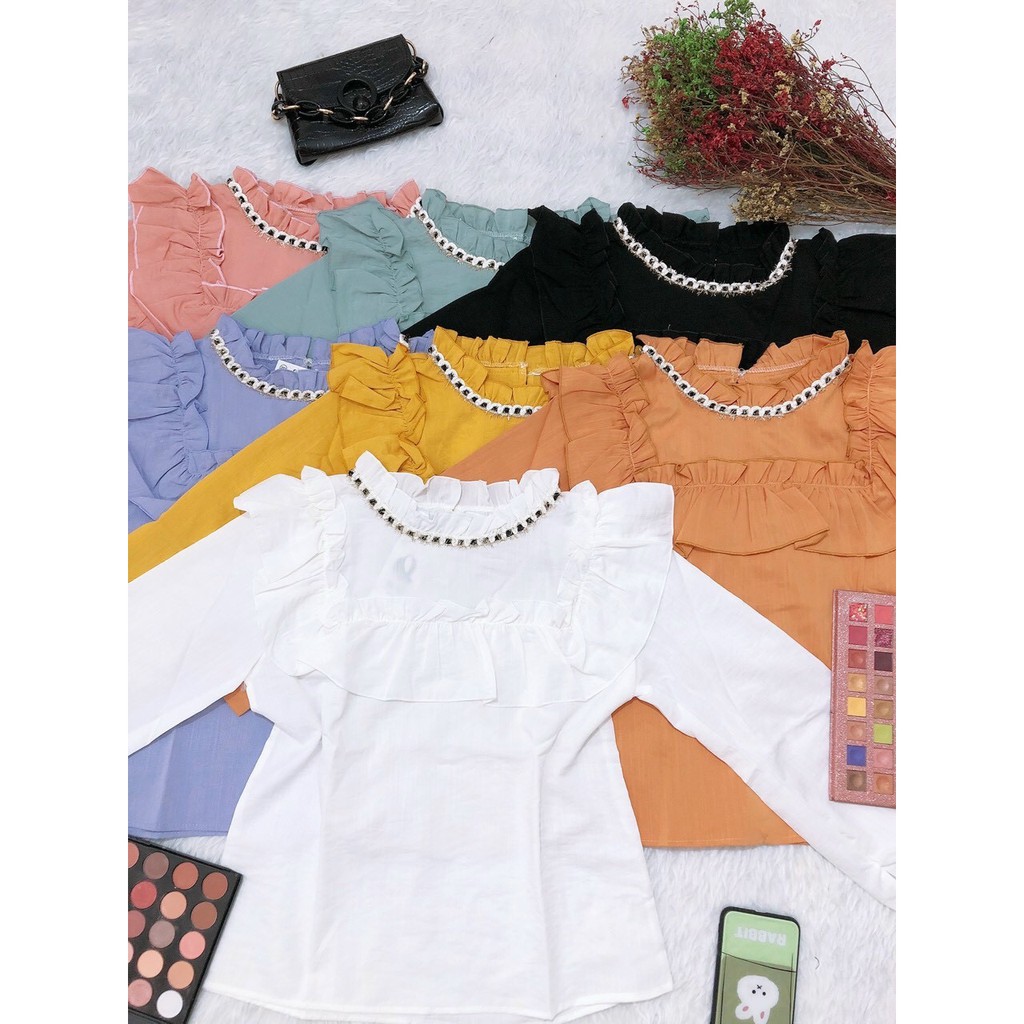 Sơ Mi Kiểu Nhún Bèo Viền Cổ Tay Dài Búp Thanh Lịch - Áo Sơ Mi Công Sở Ulzzang TT