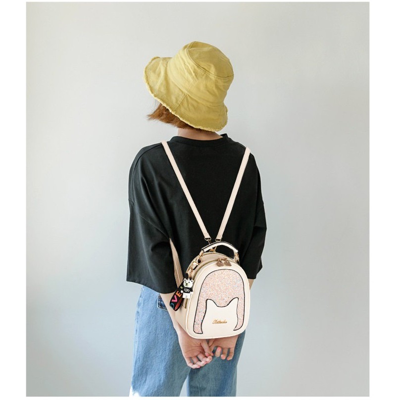 Balo da nữ mini đeo 2 kiểu, họa tiết tai mèo cute, kèm móc khóa đáng yêu