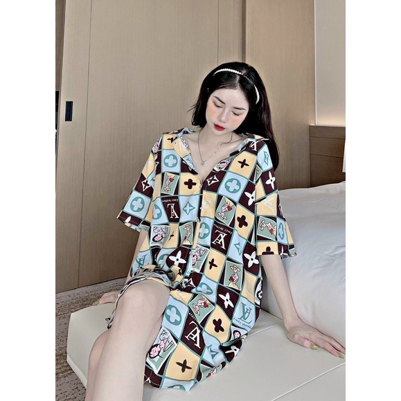Đầm váy ngủ mặc nhà Lụa phom rộng cổ sơ mi cao cấp (mẹ bầu | sau sinh bon chen thoải mái) dưới 72kg
