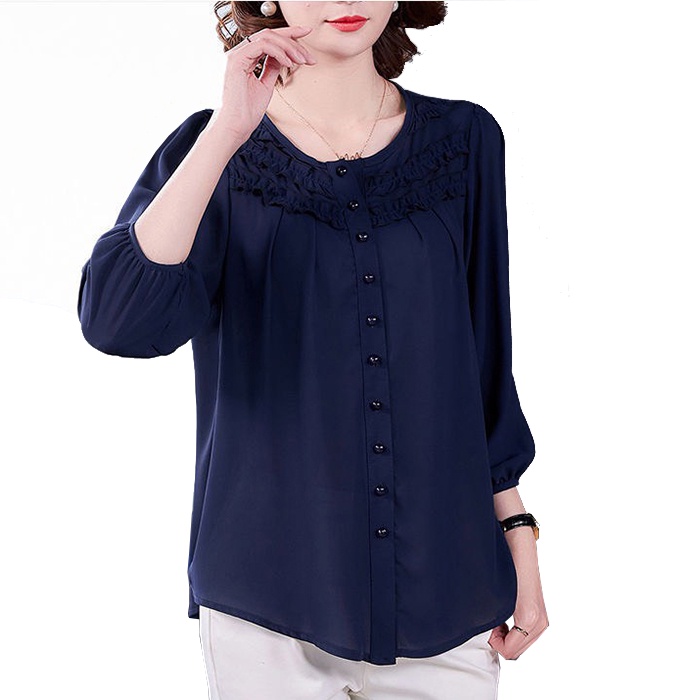 GOTI - Áo Trung Niên Nữ Cao Cấp Dáng Suông Rộng Eo Nhún Bèo Cổ Tròn Tặng Mẹ U50 3A08 3A06