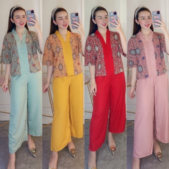 Set đồ bộ lụa phối thổ cẩm đi chùa dưới 58 kg siêu đep