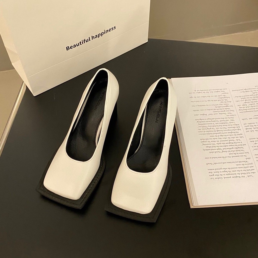 Giày cao gót mũi vuông màu đen phong cách retro 2022 thời thượng, guốc cao gót cao cấp